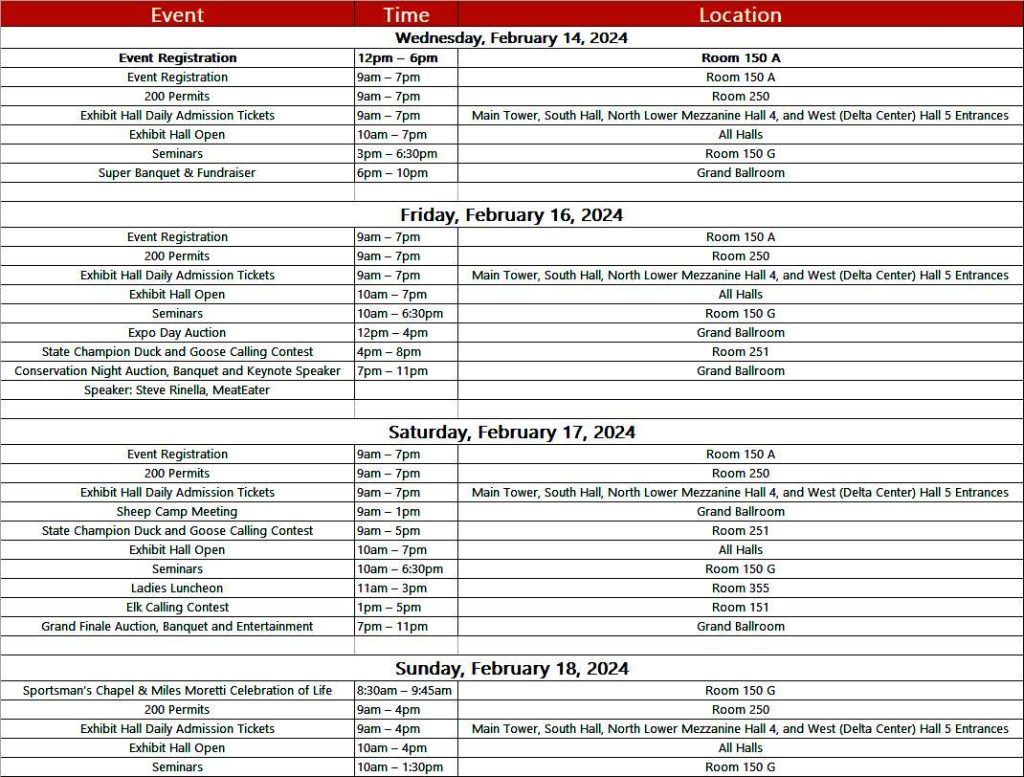 Date wise schedule-Utah Hunting Expo 2024