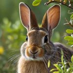 A cottontail rabbit peeking out from behind a patch of wildflowers