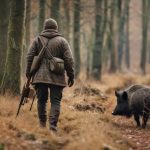 Hunter cautiously tracking a wild boar through dense forest with rifle