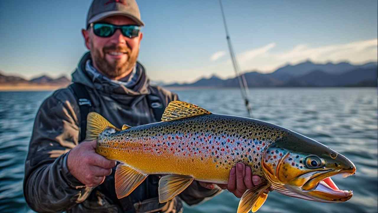 Angler holding large Lahontan cutthroat trout at Pyramid Lake Nevada during spring opener