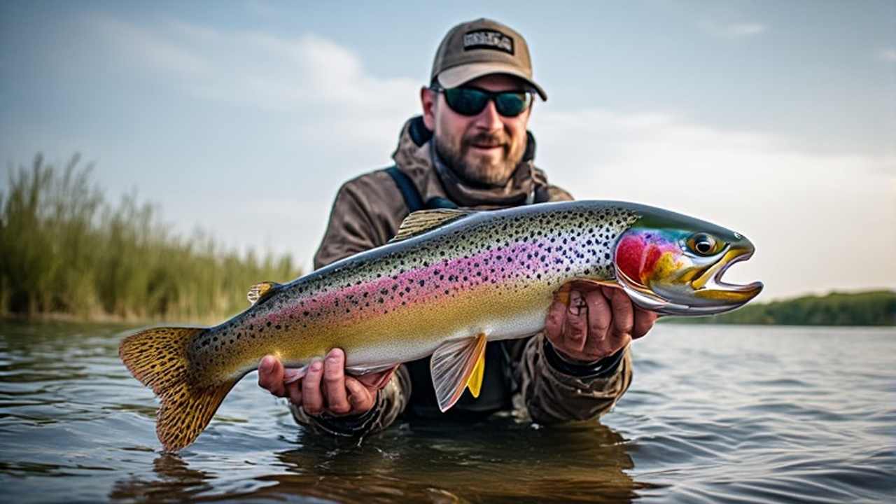 Angler holding rainbow trout caught in northeast Iowa stream