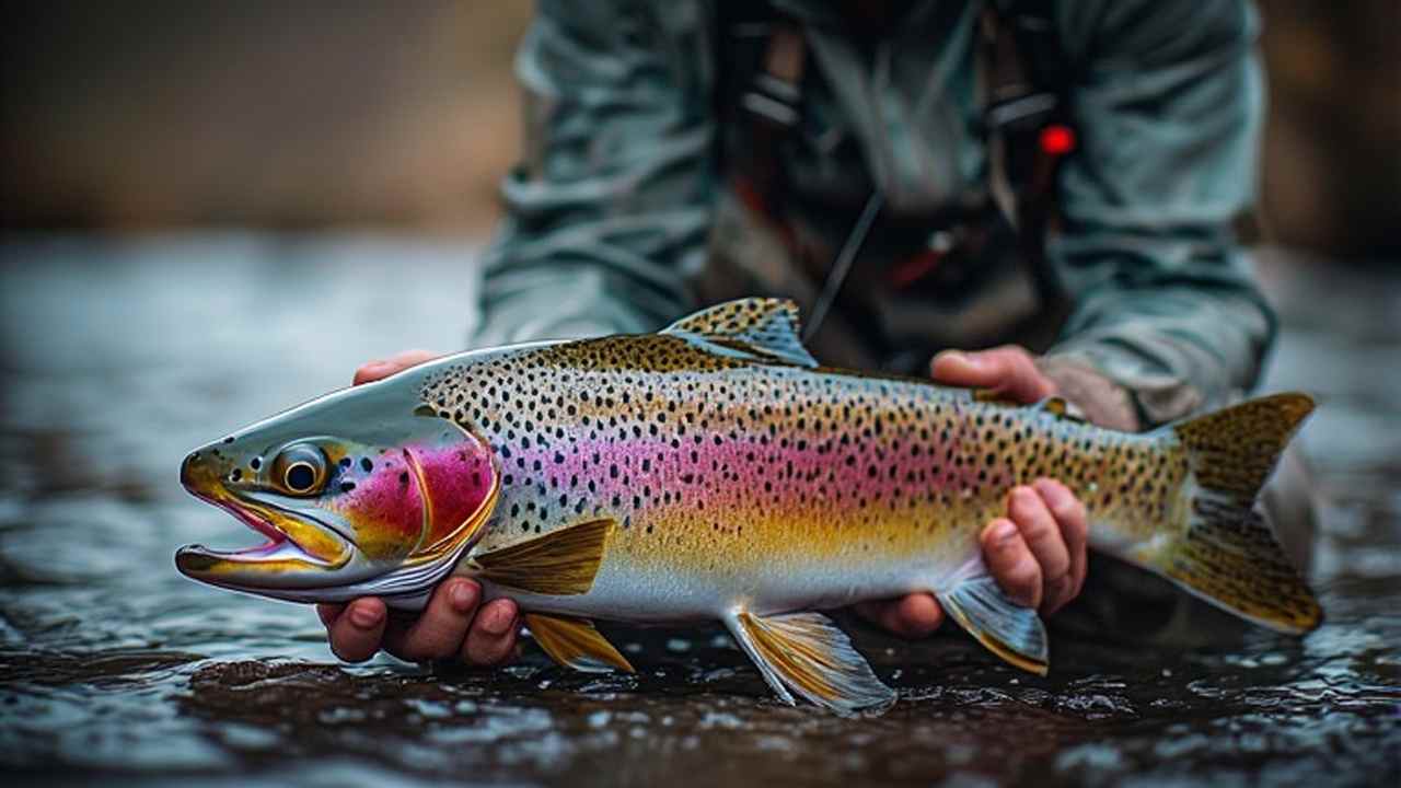 Angler holding rainbow trout from an Oklahoma designated trout stream