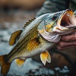 Angler holding trophy largemouth bass caught in spring spawn