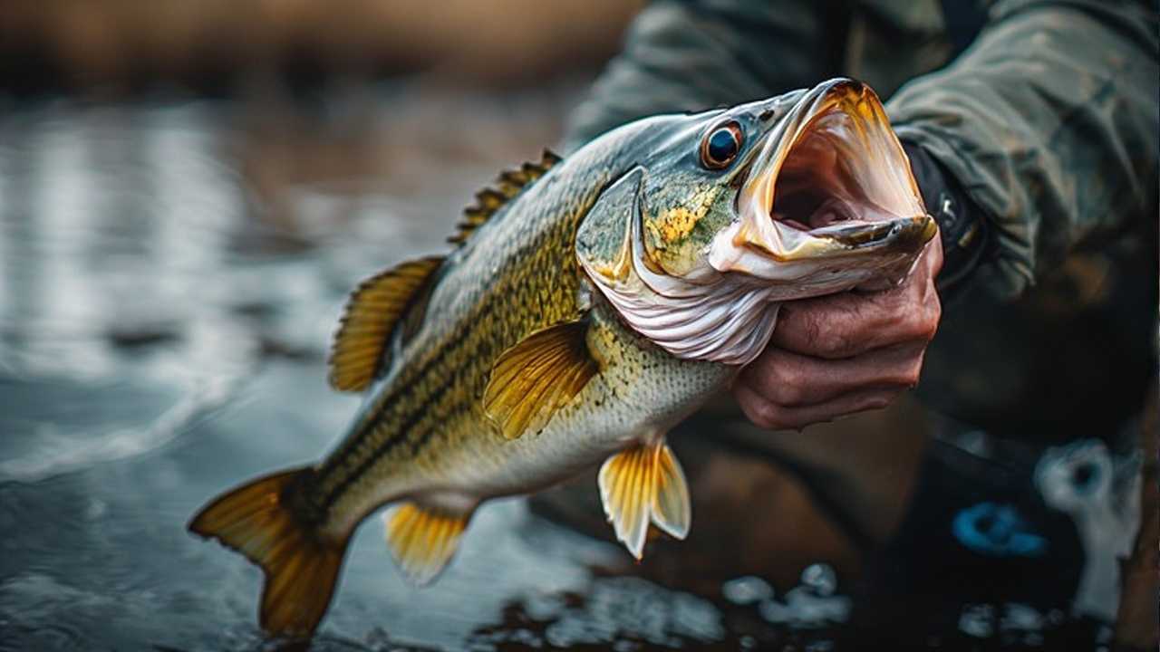 Angler holding trophy largemouth bass caught in spring spawn