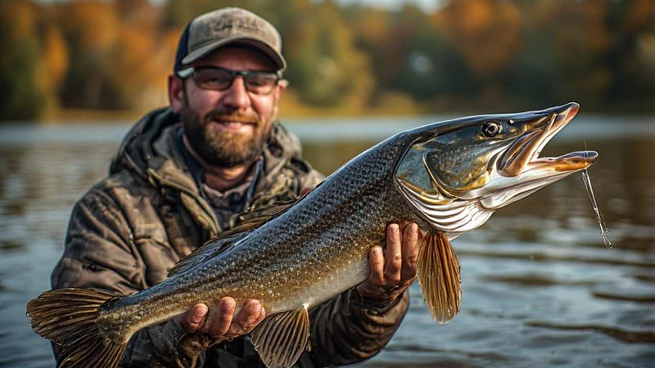 Angler holding trophy muskie from Cave Run Lake in autumn
