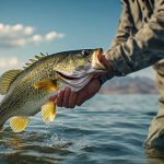 Angler landing largemouth bass in Clear Lake California under summer sun