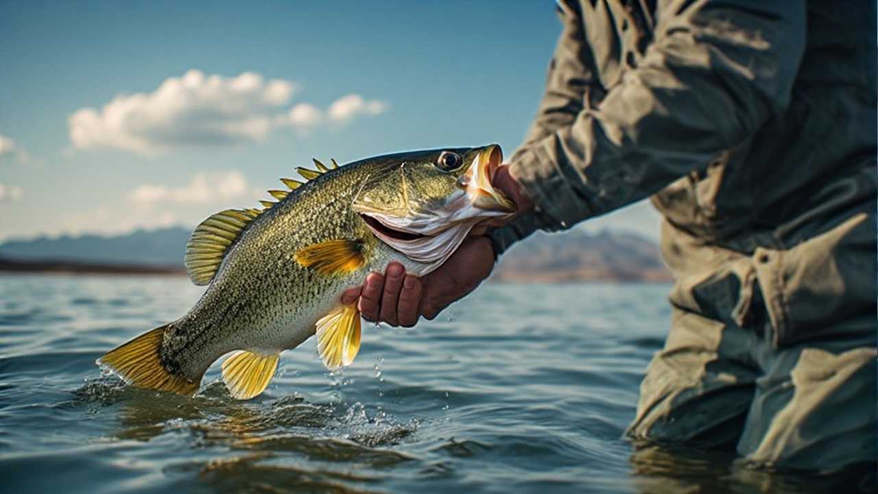 Angler landing largemouth bass in Clear Lake California under summer sun