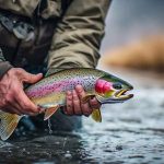 Angler landing rainbow trout at Strawberry Reservoir during ice-off season