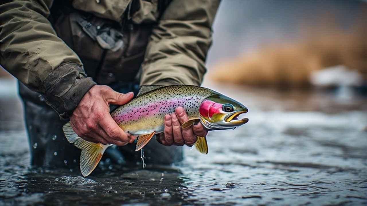 Angler landing rainbow trout at Strawberry Reservoir during ice-off season