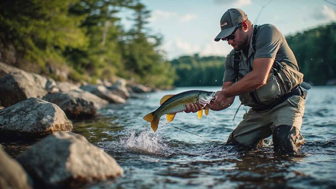 Angler landing smallmouth bass on Lake Champlain rocky shoreline in Vermont during summer morning