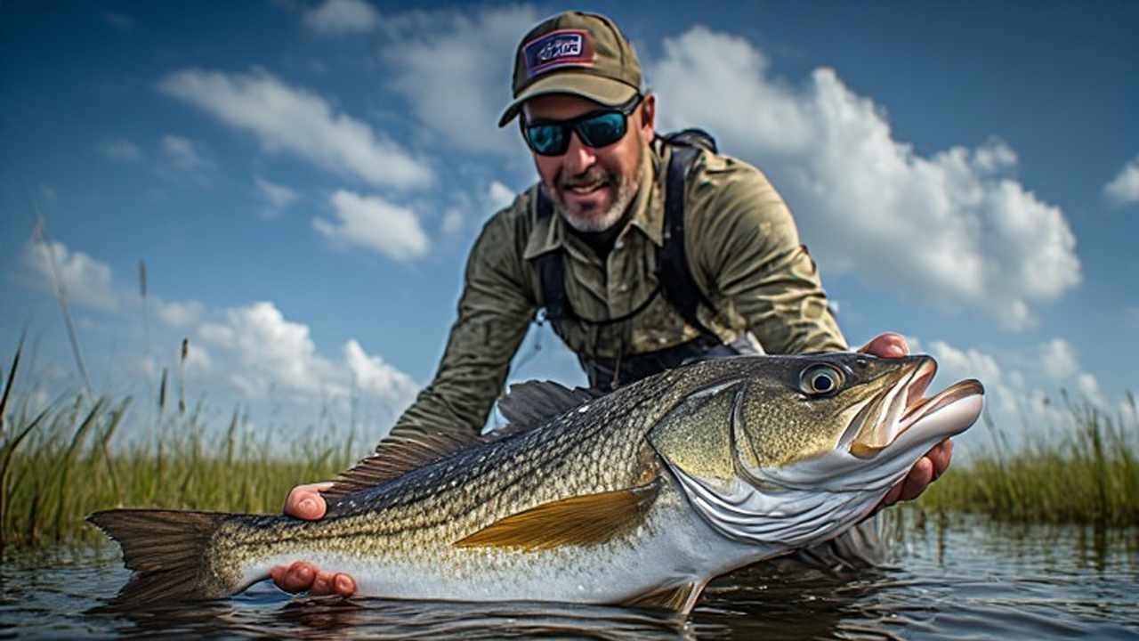Angler releasing slot-sized redfish on Florida grass flats