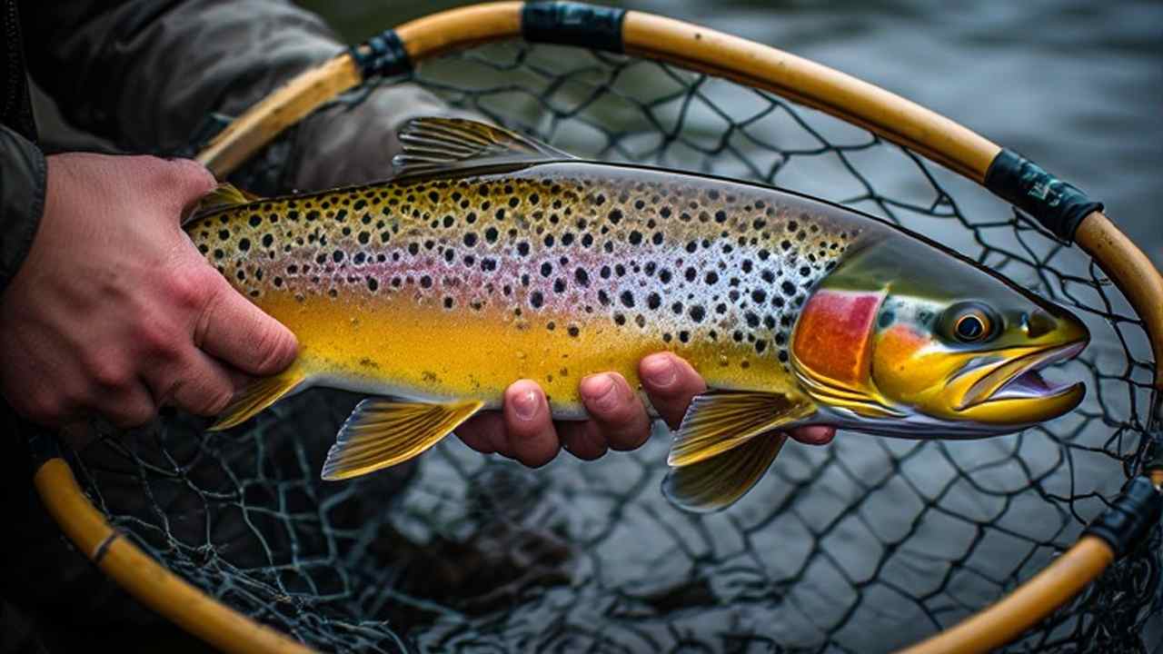 Brown trout from Michigan’s Au Sable River held in angler’s net