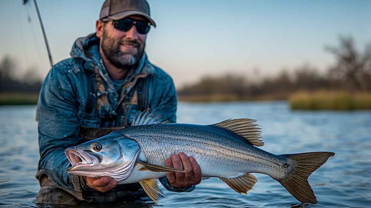 Catfish angler holding trophy blue catfish caught on Texas river