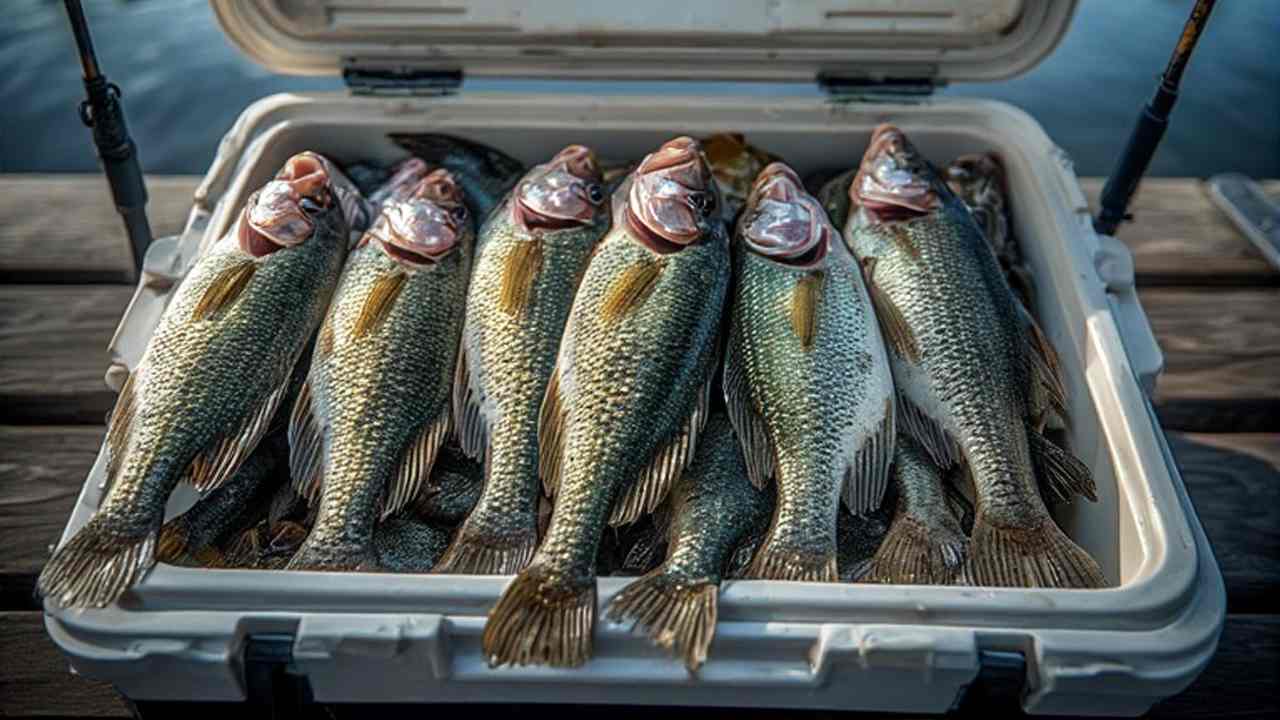 Crappie catch displayed in cooler with fishing rods on Georgia lake dock