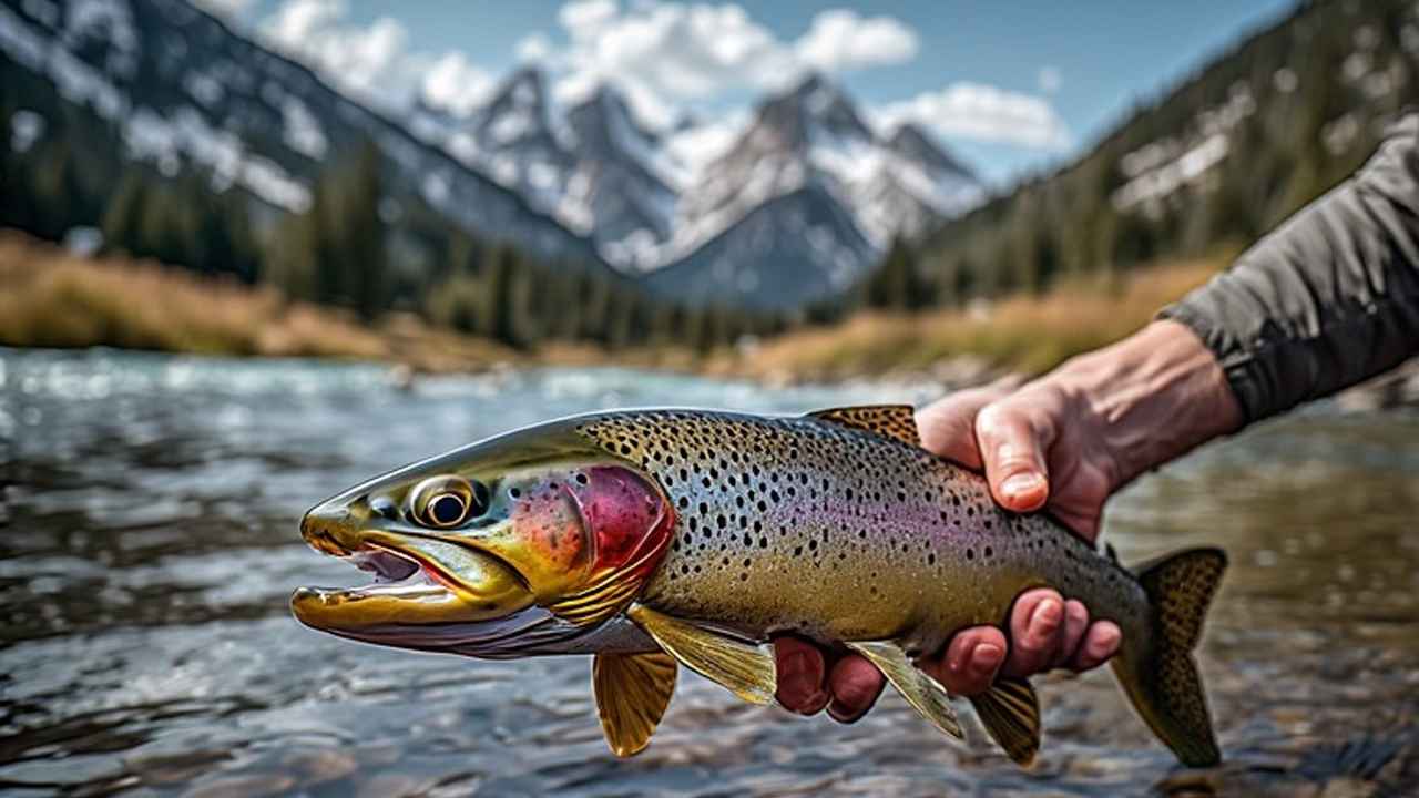 Early spring trout fishing in Wyoming river with snow-capped mountains reflecting in clear water