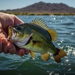 Largemouth bass being released back into Lake Pleasant clear desert water