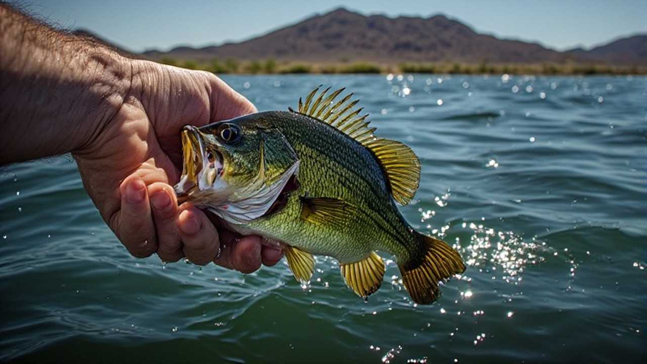 Largemouth bass being released back into Lake Pleasant clear desert water