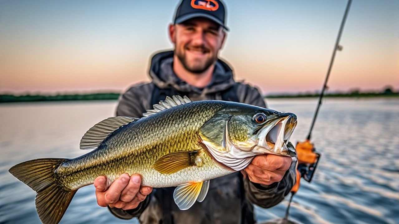Largemouth bass caught in Kansas reservoir during summer evening