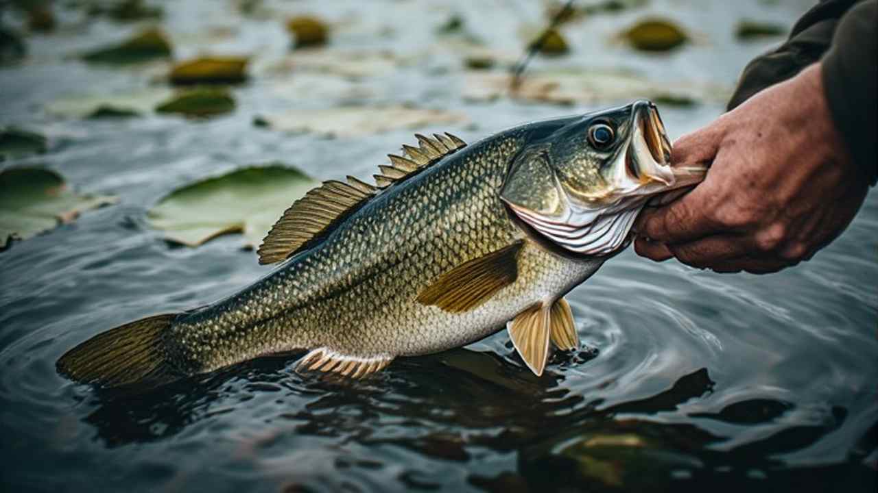 Largemouth bass caught in lily pads at Massachusetts farm pond