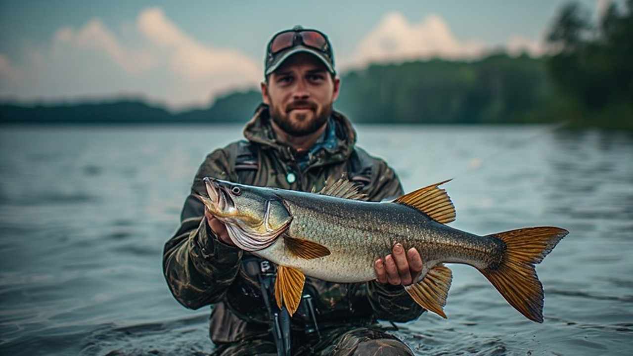Muskie angler holding trophy catch at Shabbona Lake Illinois