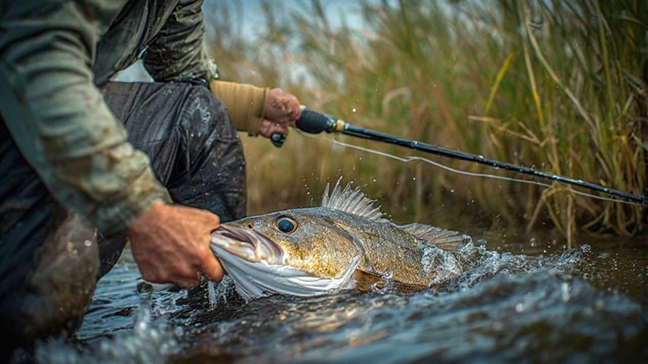 Peacock bass caught in Oahu reservoir with tropical vegetation background