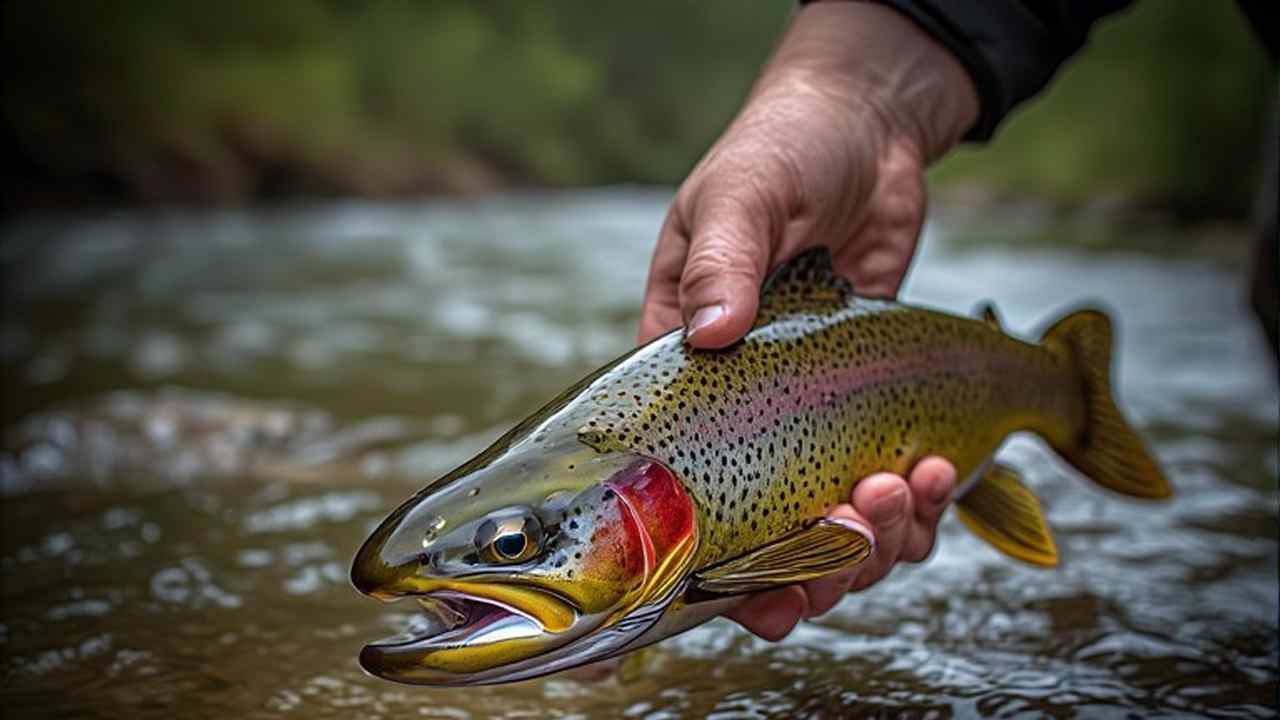 Rainbow trout caught and released in a clear Nebraska stocked stream