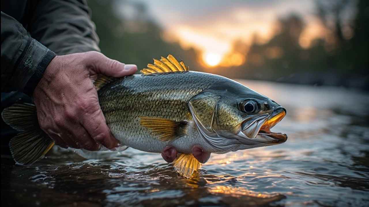 Smallmouth bass caught in a Pennsylvania river at sunrise