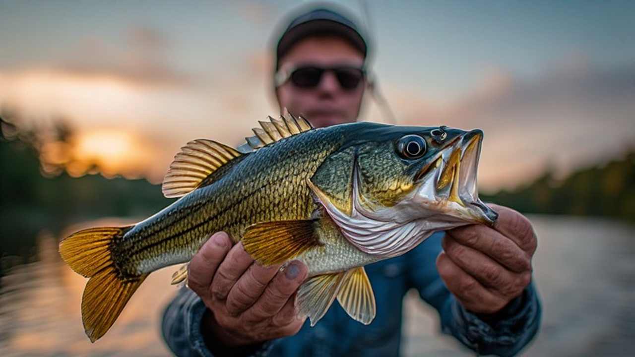 Smallmouth bass held by angler at sunset on a Maine river