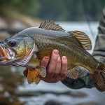 Smallmouth bass held by angler on Minnesota rocky Boundary Waters shoreline