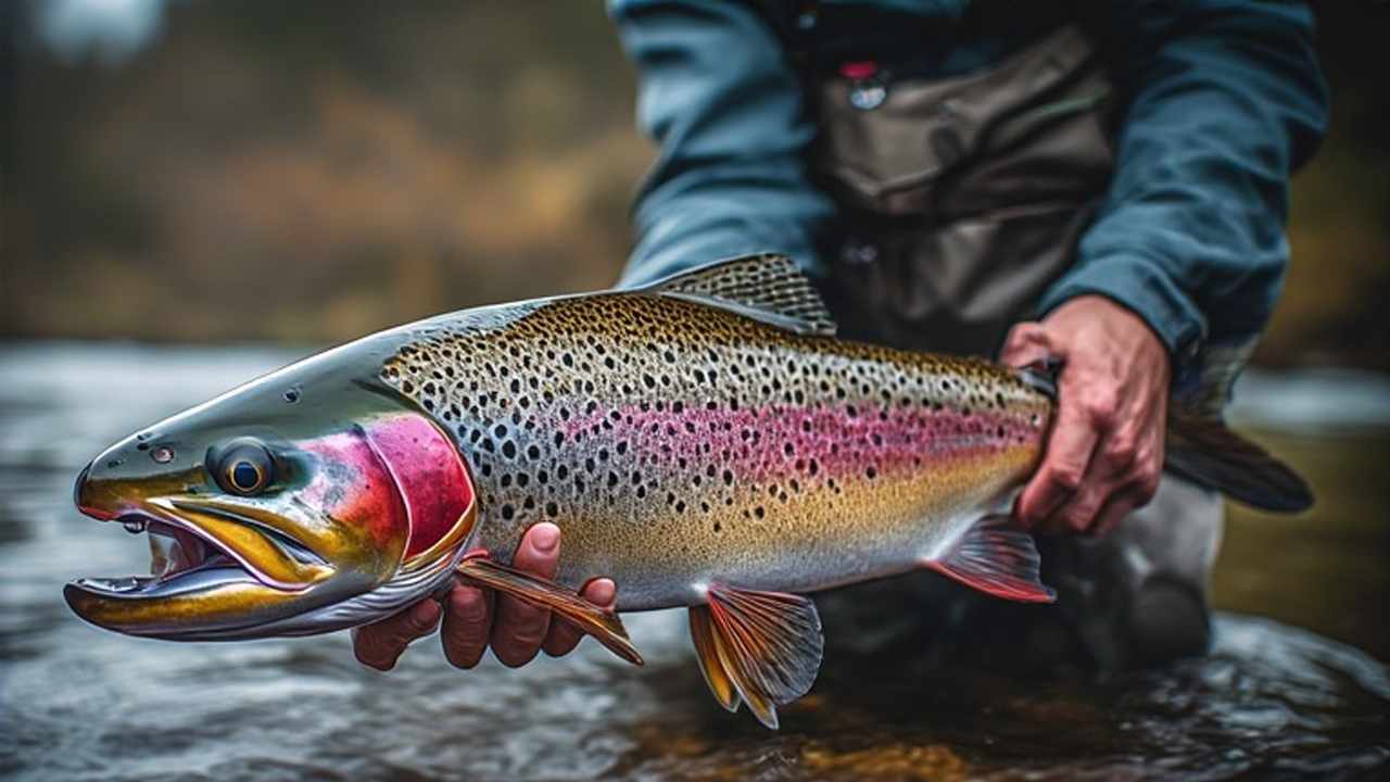 Stocked rainbow trout from Delaware trout stream held by angler
