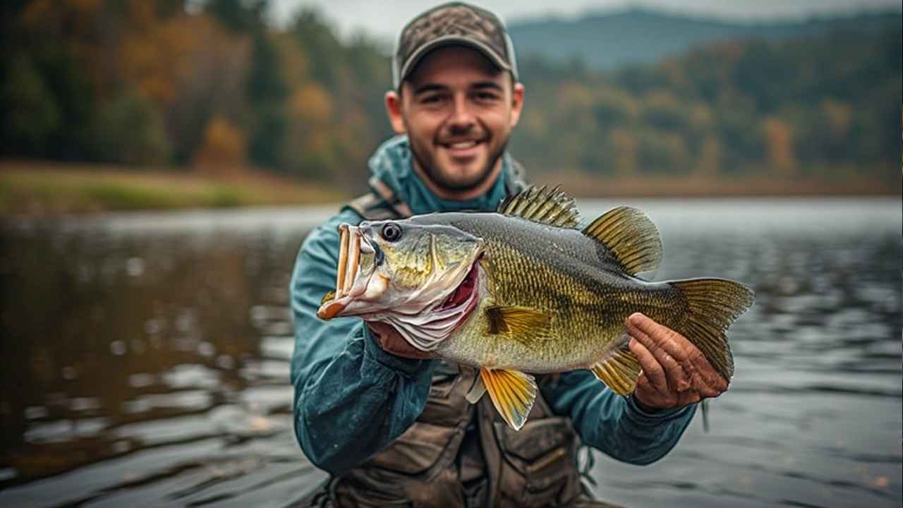 Tennessee bass angler holding largemouth bass on reservoir with Smoky Mountains background