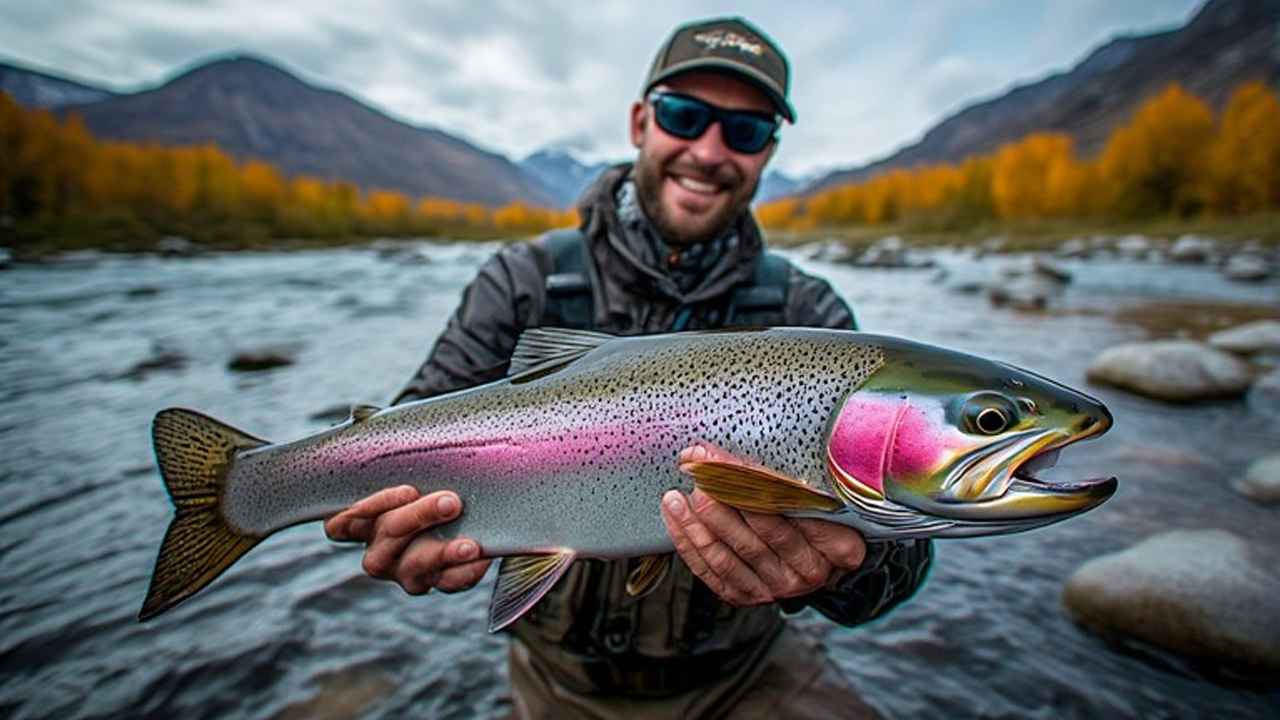 Trophy rainbow trout held by angler in clear Alaska stream with fall colors