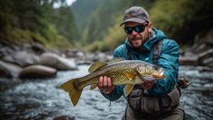 Washington bass angler releasing smallmouth bass in rocky river habitat
