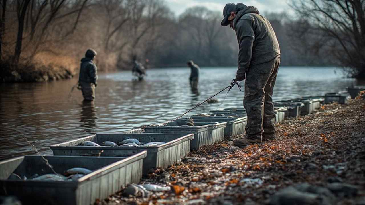 Winter trout stocking lake in Missouri with anglers on shoreline
