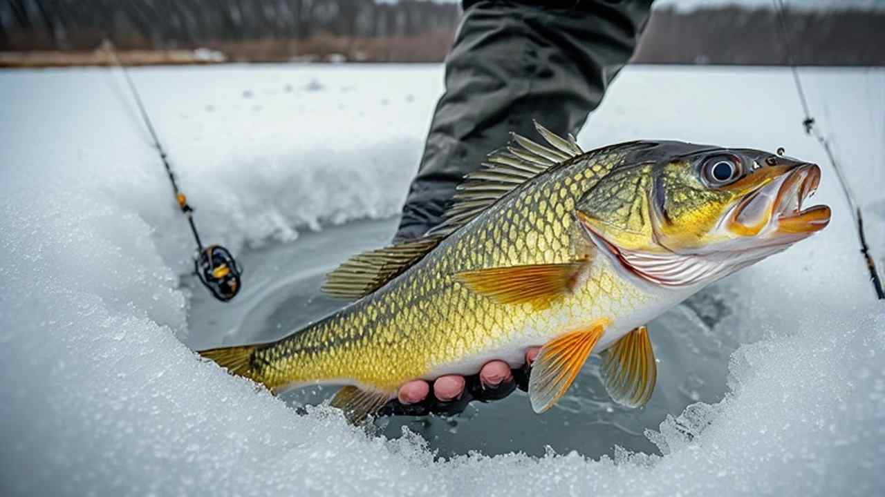 Yellow perch caught through ice hole during Maryland winter fishing season