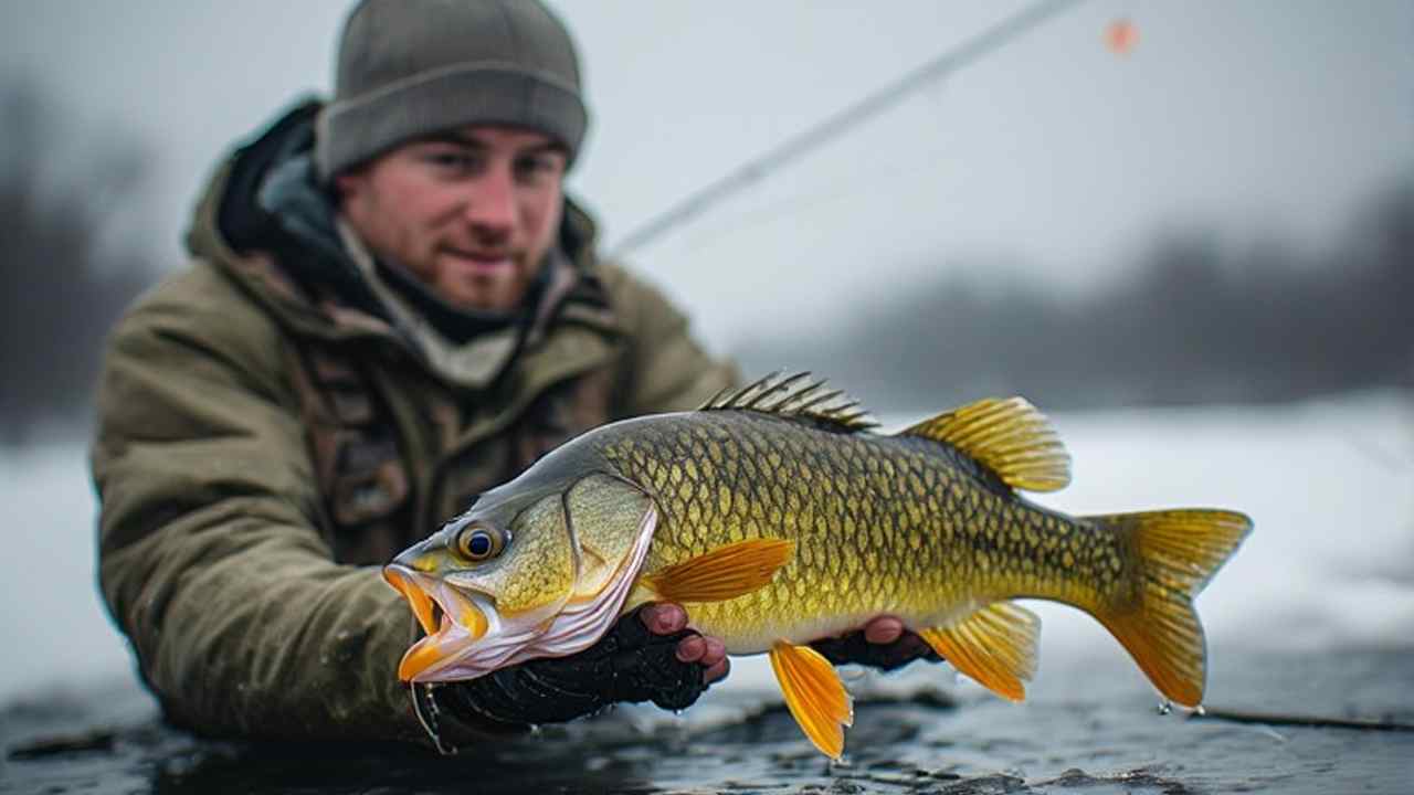 Young angler holding freshly caught yellow perch through ice fishing hole in New Hampshire