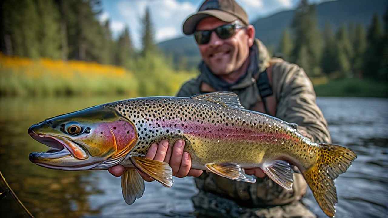 angler holding a stocked rainbow trout at a family-friendly Montana pond